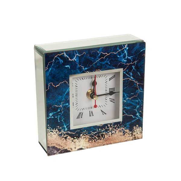 Table clock Romimex Blue Golden Glass 14 x 14 x 5 cm For Cheap