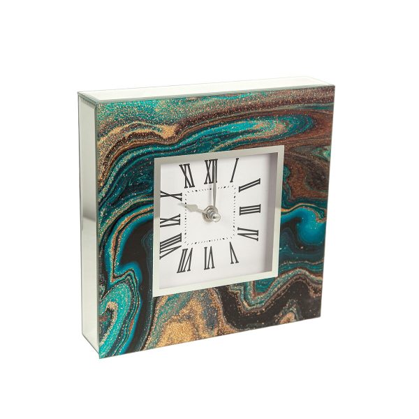 Table clock Romimex Blue Golden Glass 20 x 20 x 5 cm For Sale