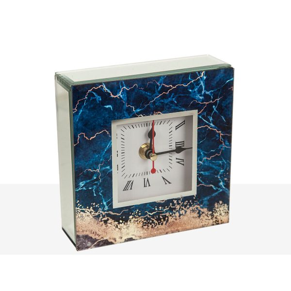 Table clock Romimex Blue Golden Glass 14 x 14 x 5 cm For Cheap